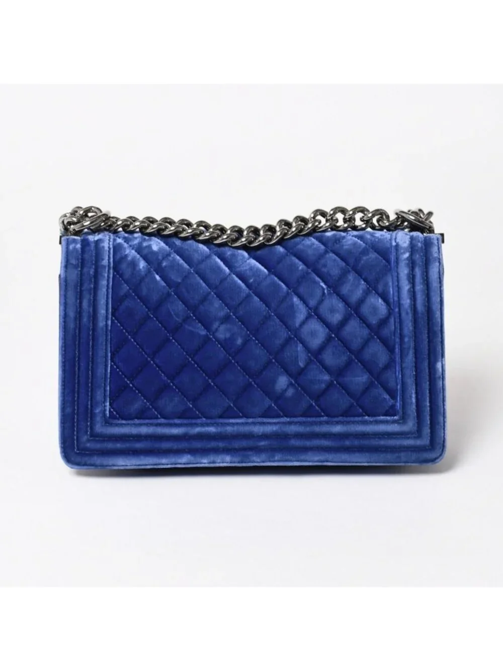 Chanel Boy Chain Shoulder Bag CC Logo Velvet Leather Blue